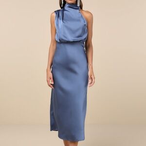 Lulus Distinctive Charm Slate Blue Satin Asymmetrical Midi Dress - Size L
